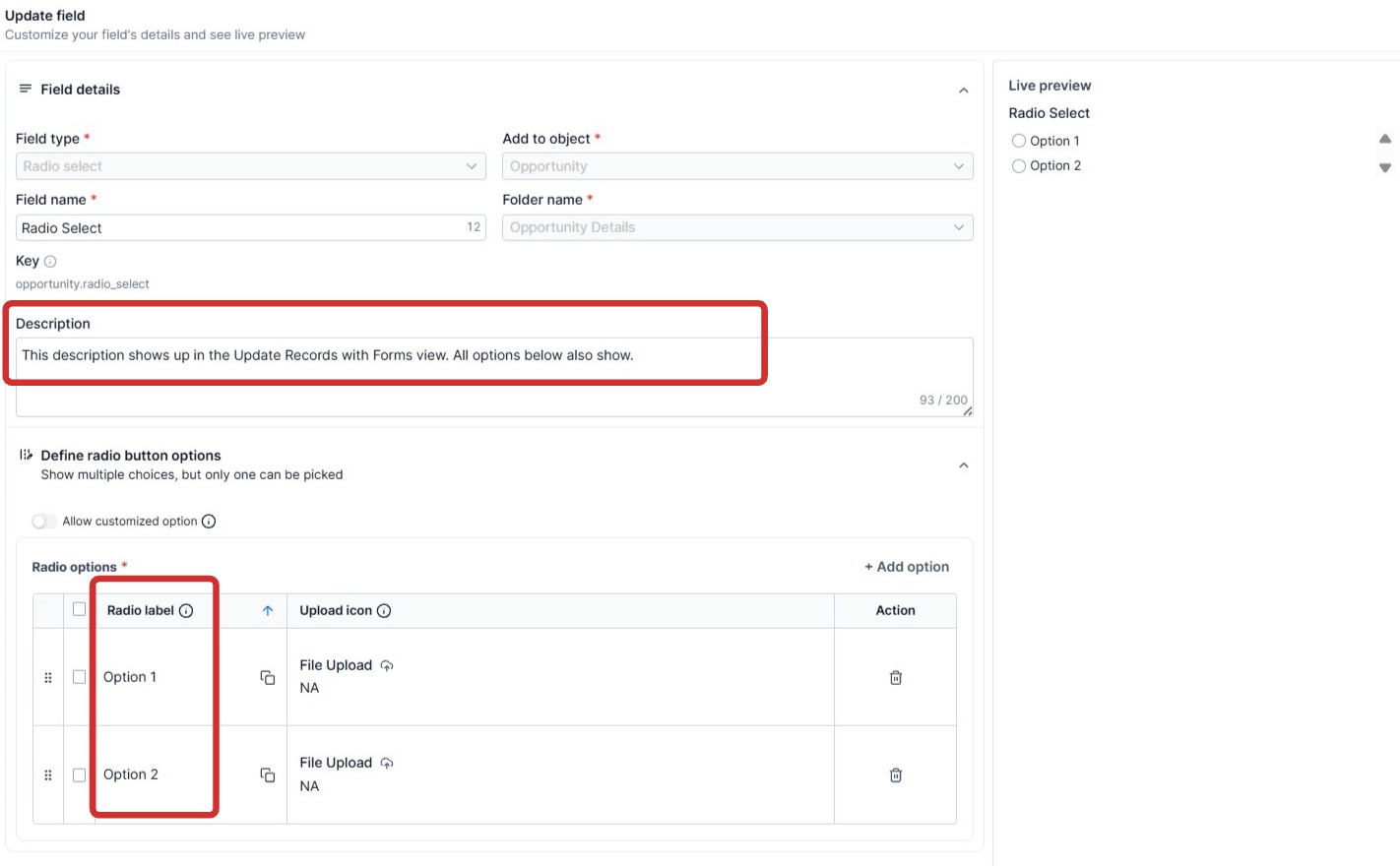 HighLevel field editor showing a Description field and its live preview on the public form
