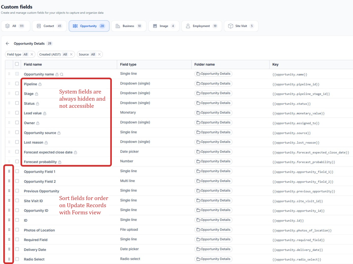 HighLevel custom field catalog showing drag handles used to sort field order for Update Records with Forms