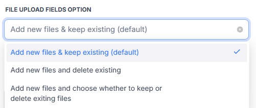 File Upload Fields Option dropdown listing the three file-handling modes