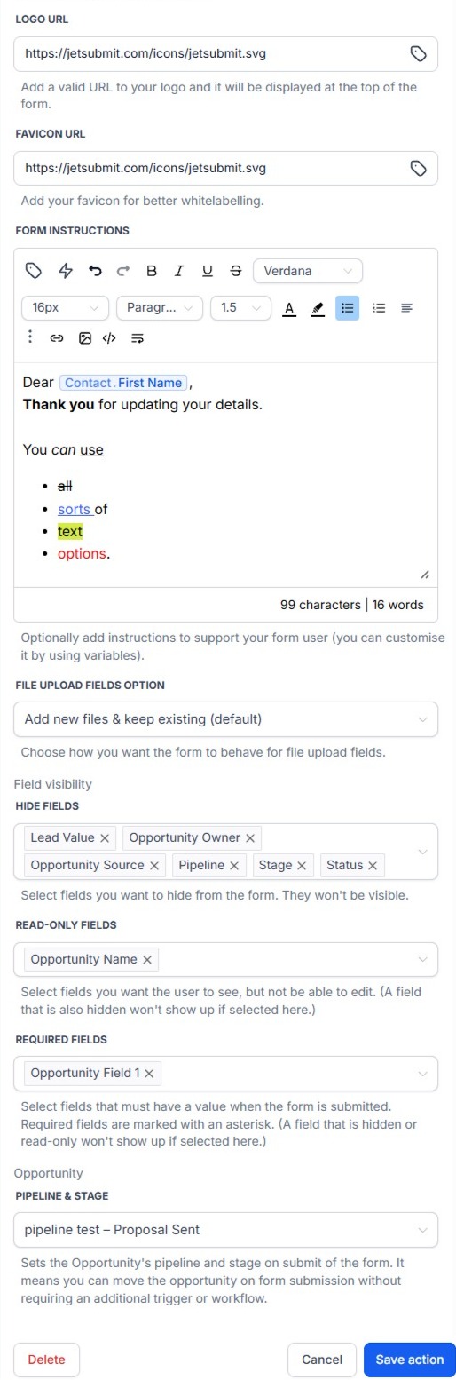Generate Record Update Form action – Logo URL, Favicon URL, Form Instructions, File Upload Fields Option, Hidden/Read-only/Required fields and Pipeline & Stage