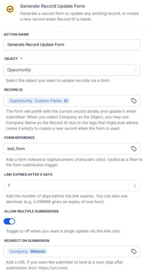 Generate Record Update Form action – Object, Record ID, Form Reference, Link Expires After X Days, Allow Multiple Submissions and Redirect on Submission