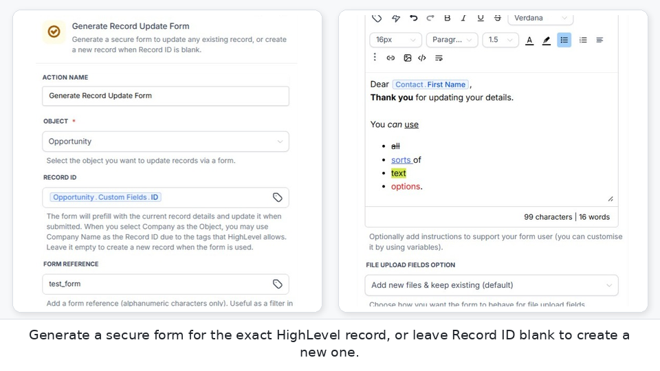 Generate Record Update Form workflow action showing Object, Record ID and Form Reference fields