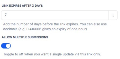 Link Expires After X Days and Allow Multiple Submissions settings on the Generate Record Update Form action