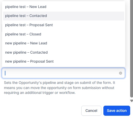 Pipeline & Stage dropdown on the Generate Record Update Form action, listing stages across every pipeline, with the field description: Sets the Opportunity's pipeline and stage on submit of the form