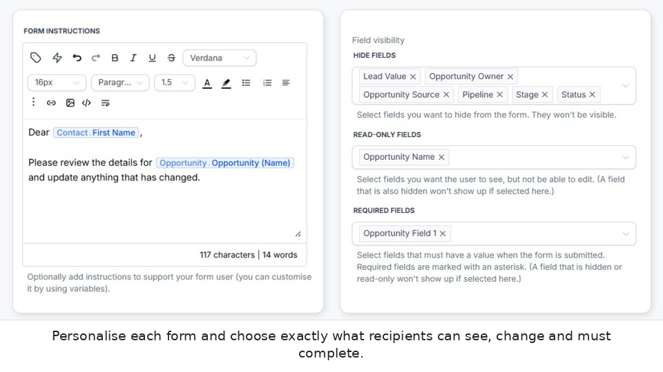 Form Instructions rich-text editor next to Hidden, Read-only and Required field controls
