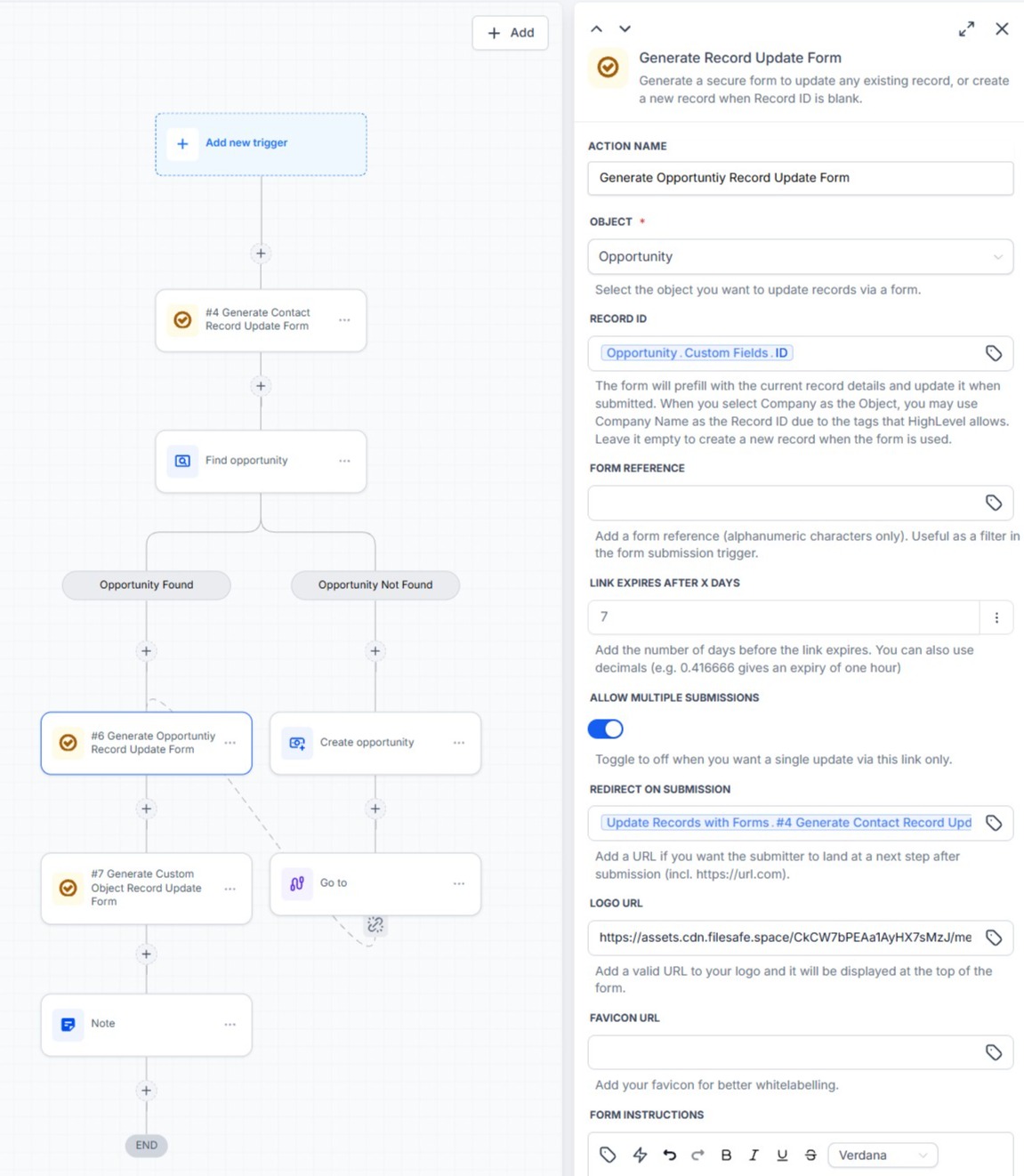Workflow canvas chaining Contact, Opportunity and Custom Object Generate Record Update Form actions, with Redirect on Submission set to the next action's own generated form